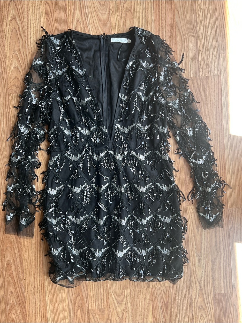 Lush Black & Silver Sequin Fringe Long-Sleeve Dress